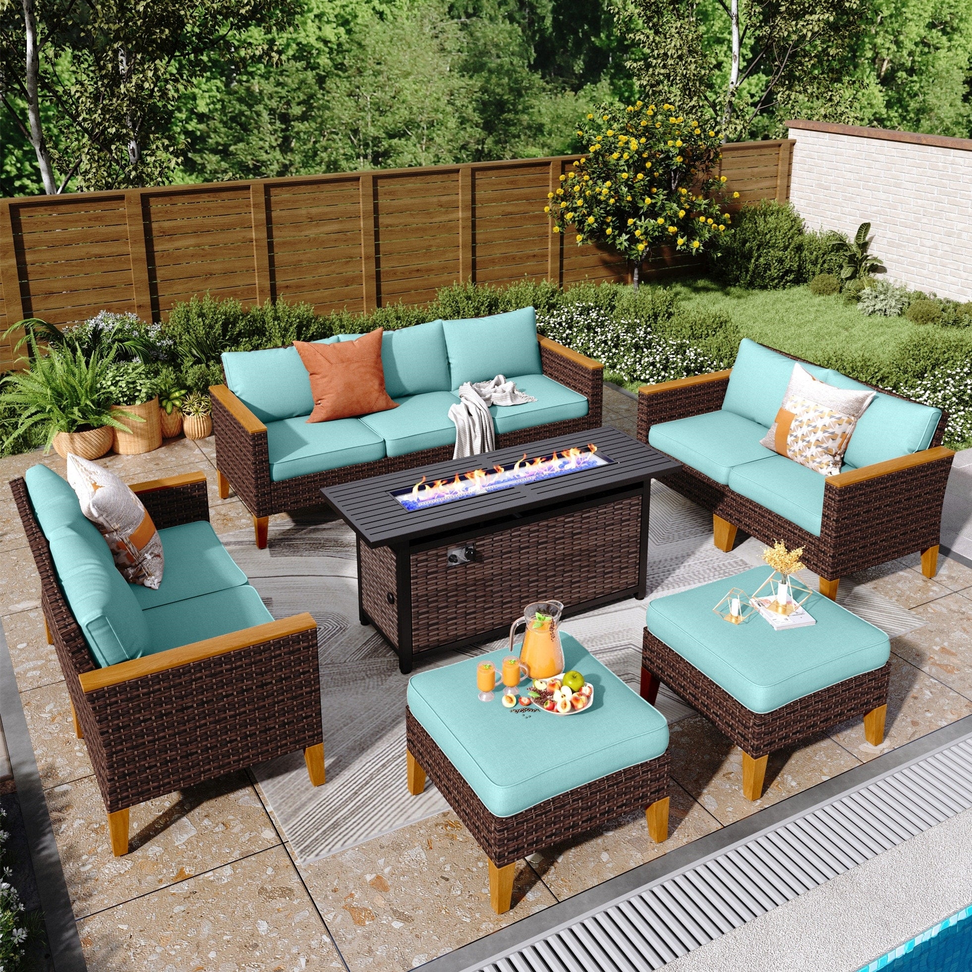 8-Piece Patio Outdoor Wicker Sectional Sofa Set, Large Seating Furniture Conversation Sets with Fire Pit Table
