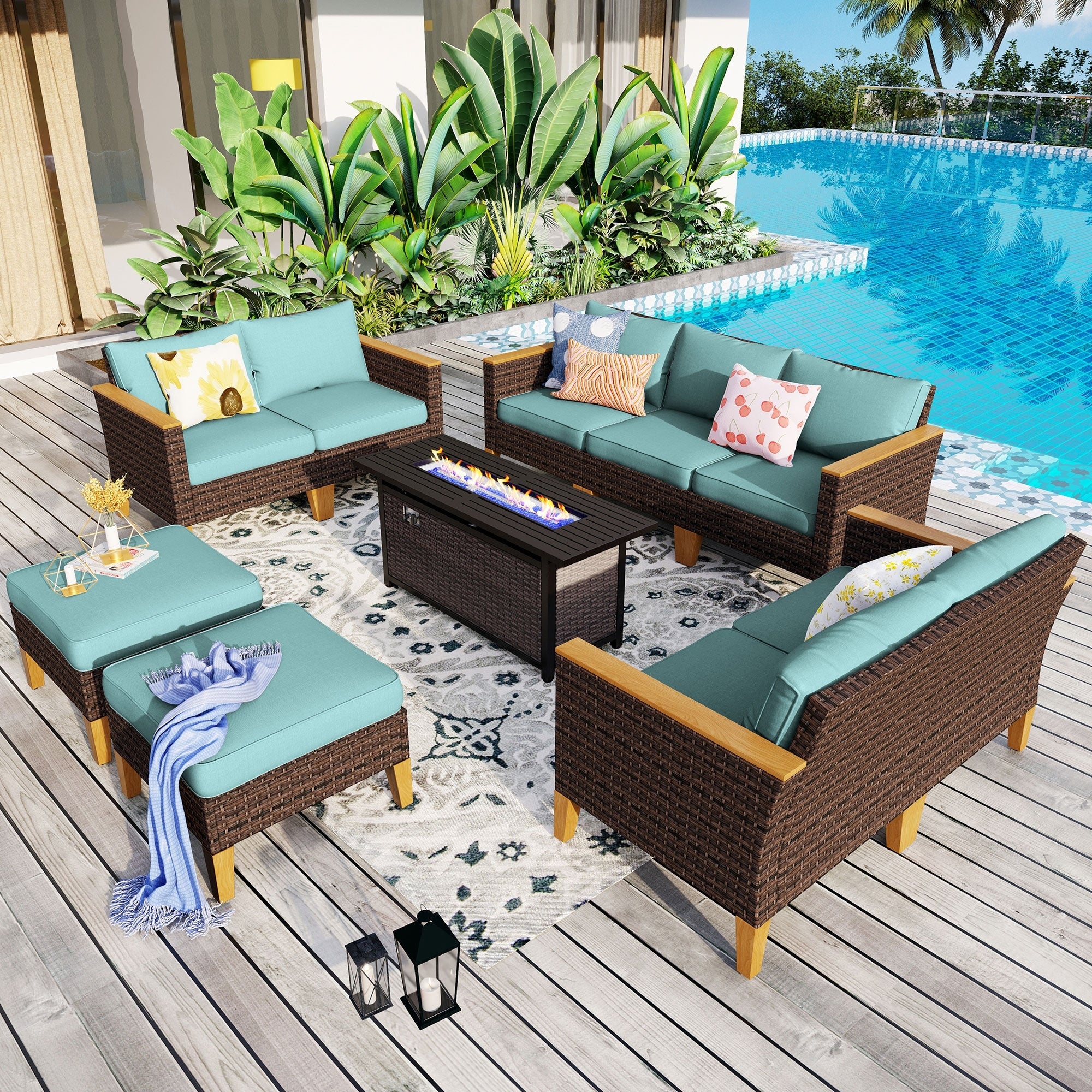 8-Piece Patio Outdoor Wicker Sectional Sofa Set, Large Seating Furniture Conversation Sets with Fire Pit Table