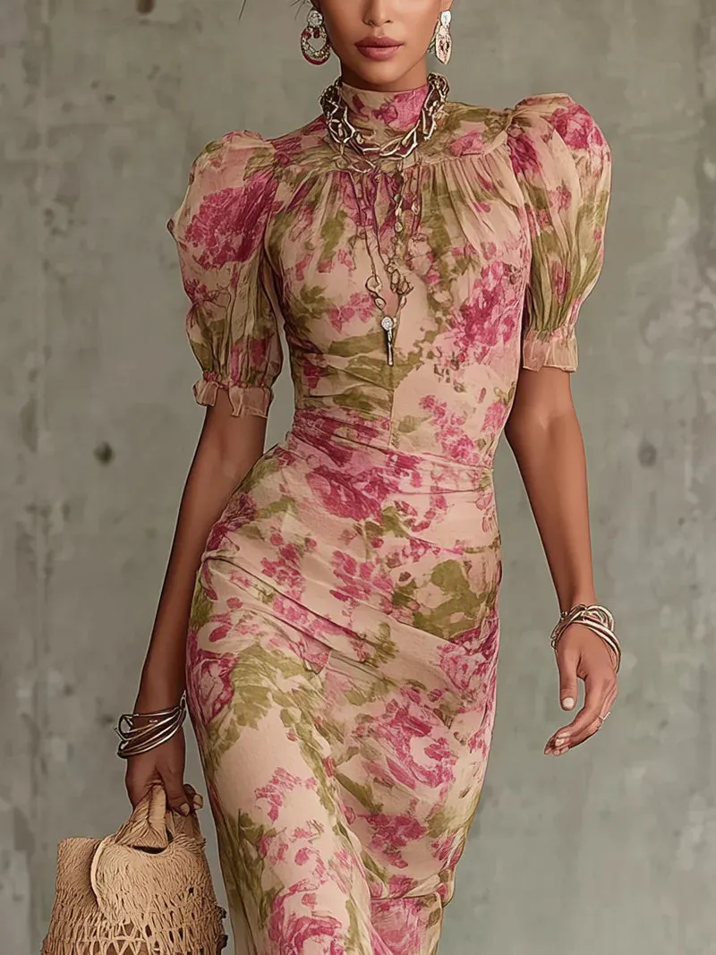 Vintage Rose Print Maxi Dress With Puff Sleeves(Accessories not included)