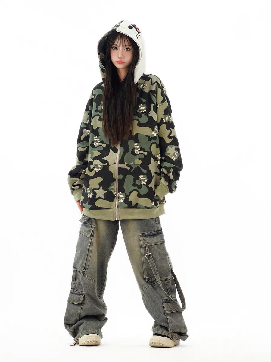 Hellokitty Camouflage Drawstring Zip Up Oversized Hoodies Jacket