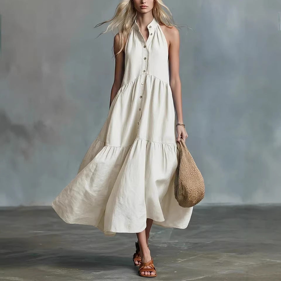 Sleeveless Casual Loose Linen Button Vest Dress