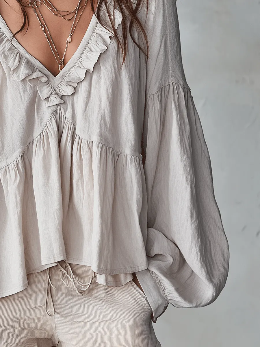 Ruffle Trim V-Neck Peasant Blouse