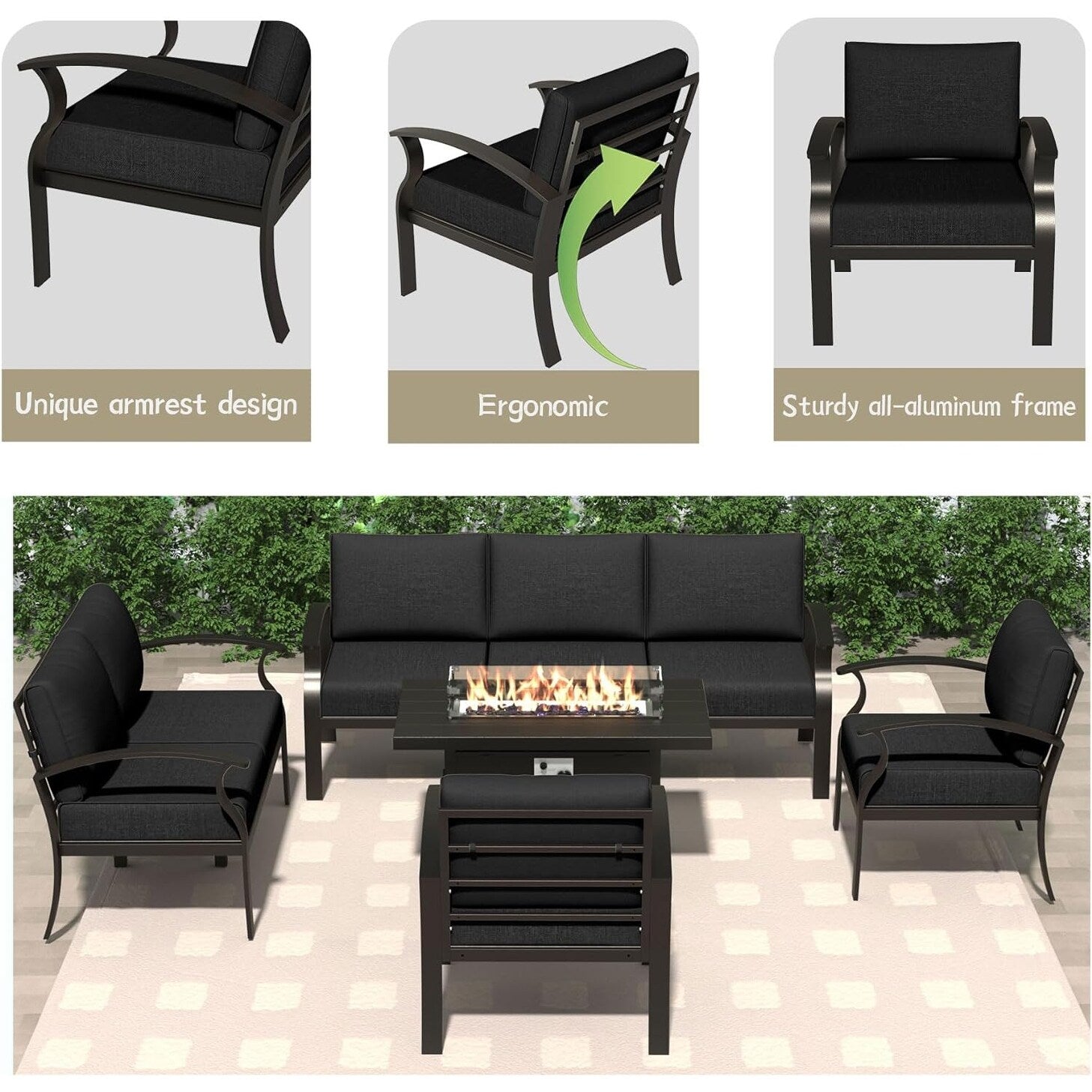 Kullavik Aluminum Outdoor Patio Furniture with Curved Armrests & Firepit Table