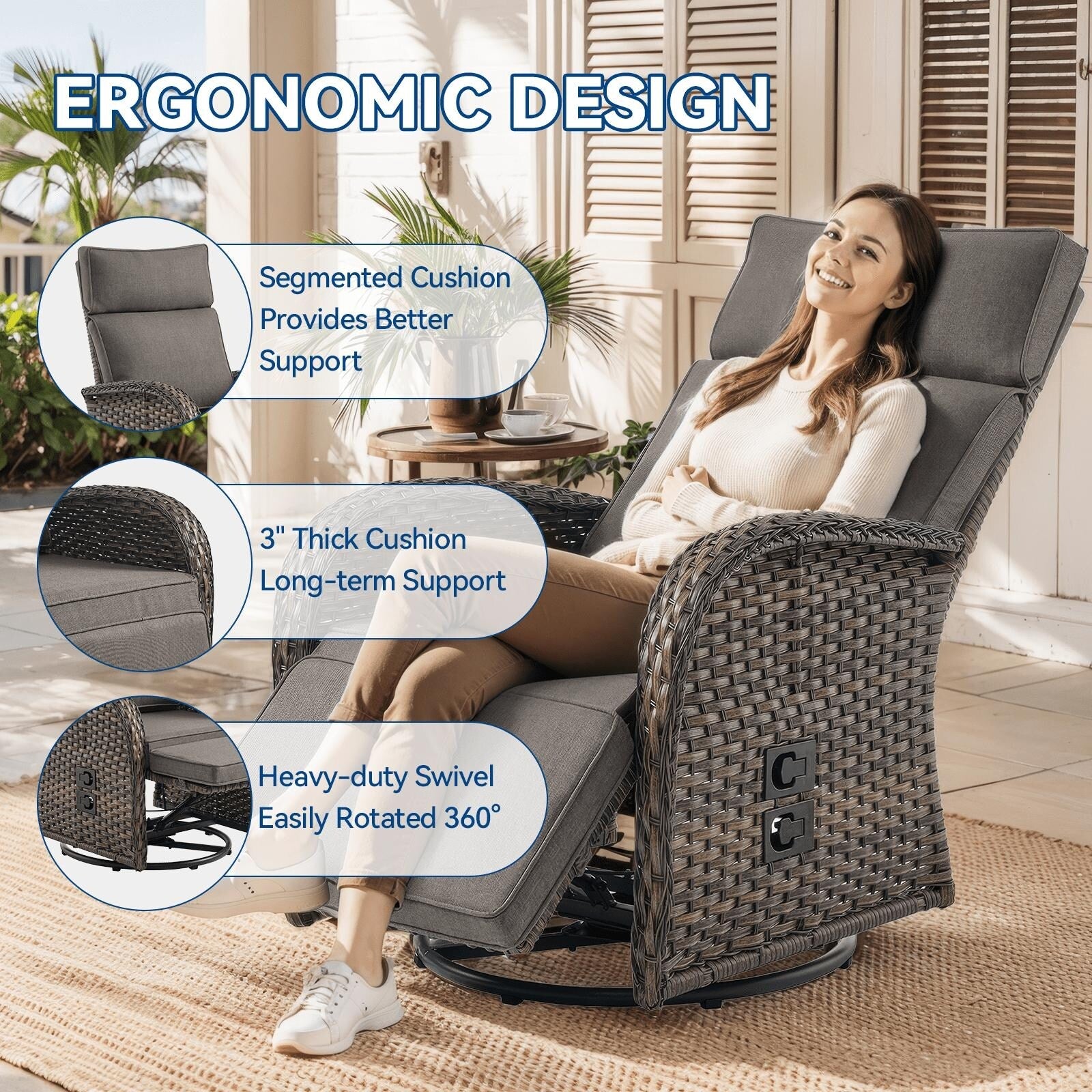 Pocassy Reclining Patio Chair with Adjustable Backrest