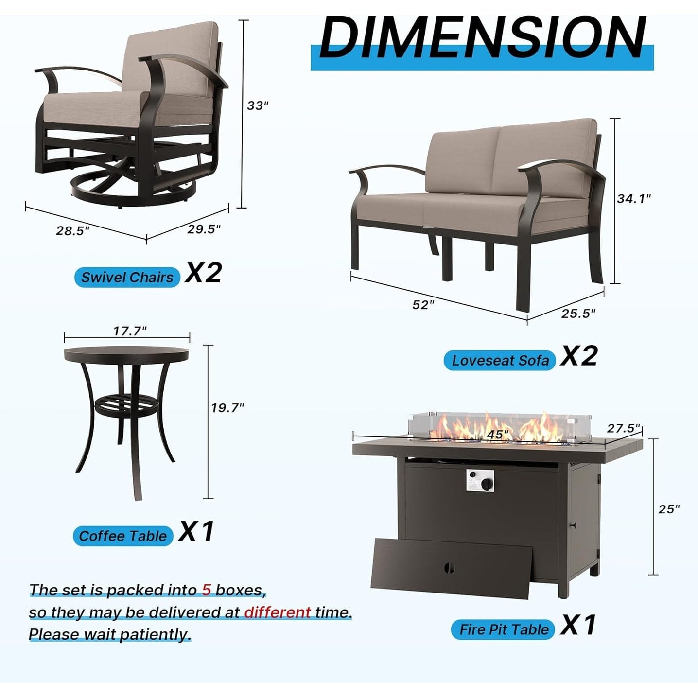 Kullavik Aluminum Outdoor Patio Furniture with Curved Armrests & Firepit Table
