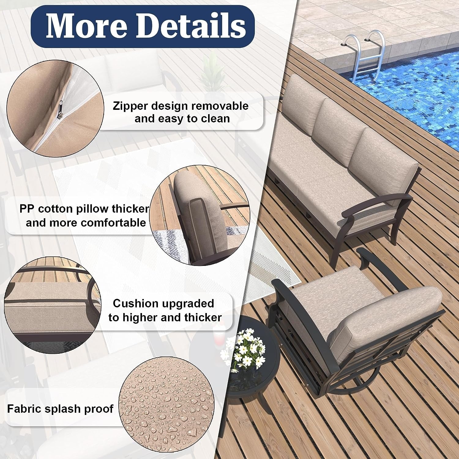 Kullavik Aluminum Outdoor Patio Furniture with Curved Armrests & Firepit Table