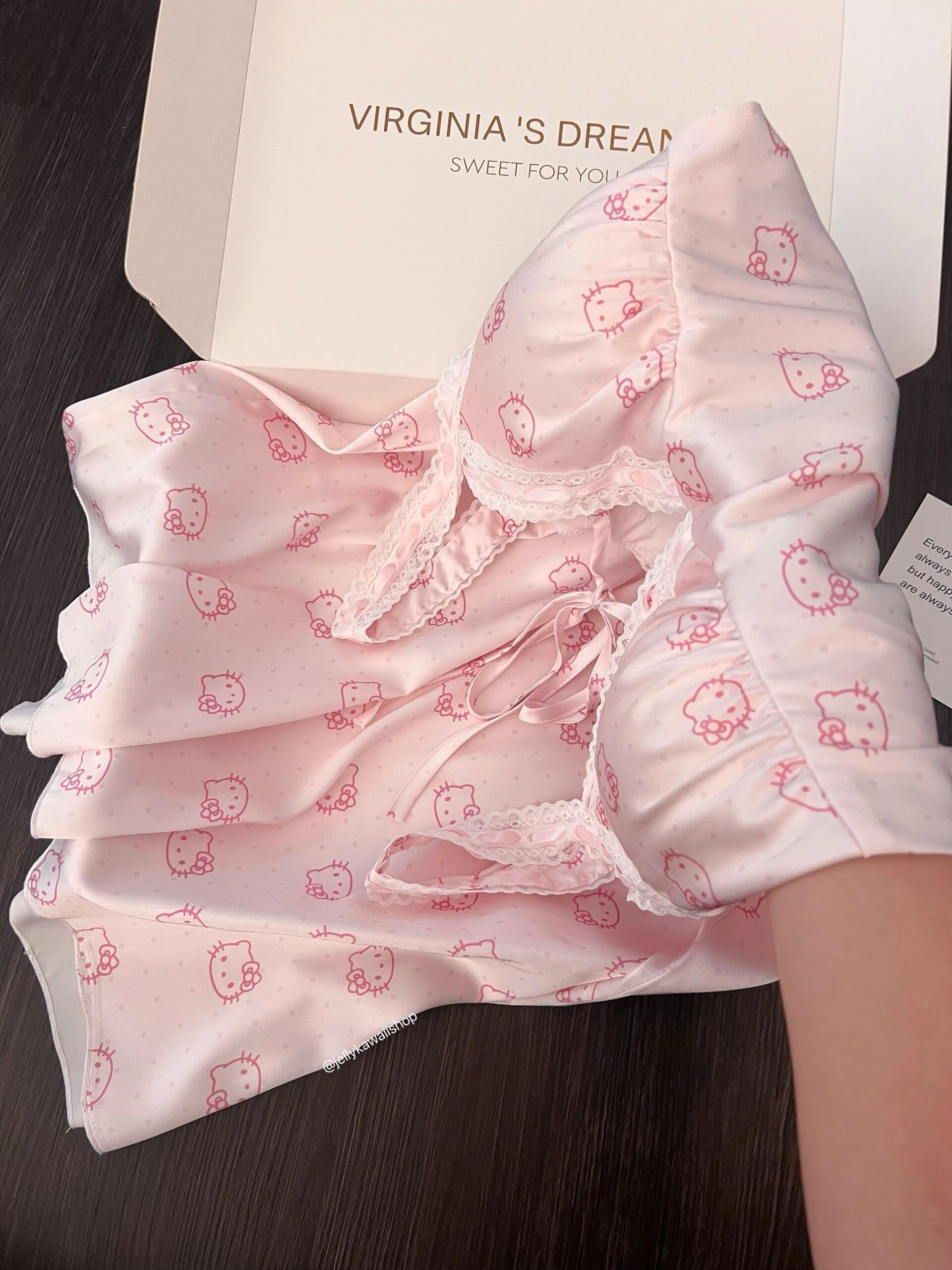 Hellokitty Pink Lace Nightgown Satin Slip Dress