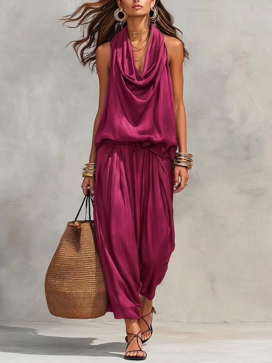 Cozy Elegant Draped Sleeveless Top And Pants Two-piece Set