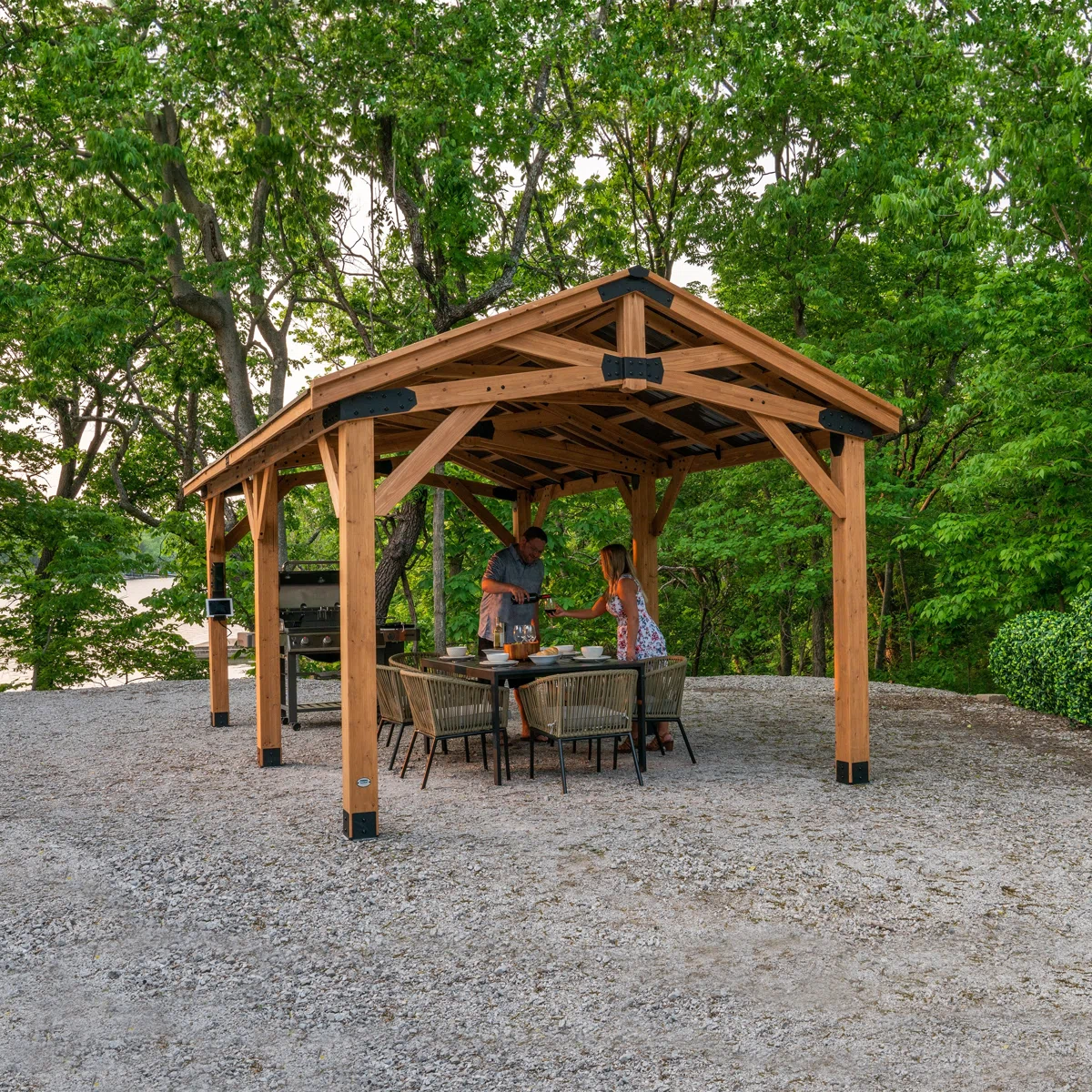 Norwood 20' x 12' Cedar Wood Outdoor Patio Gazebo with Hardtop Galvanized Steel Peak Roof and PowerPort