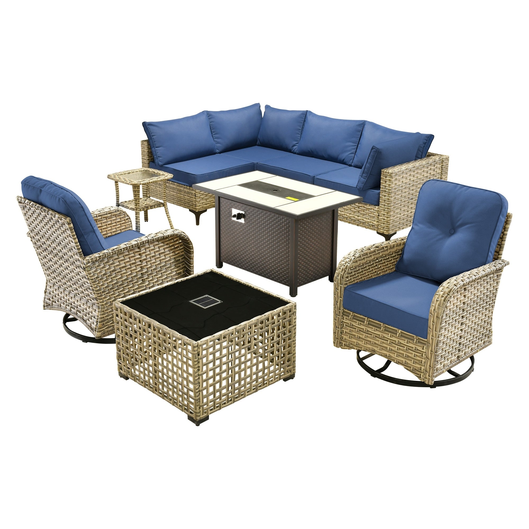 OVIOS 9 Pieces Outdoor Wicker Swivel Chair Set With Fire Table