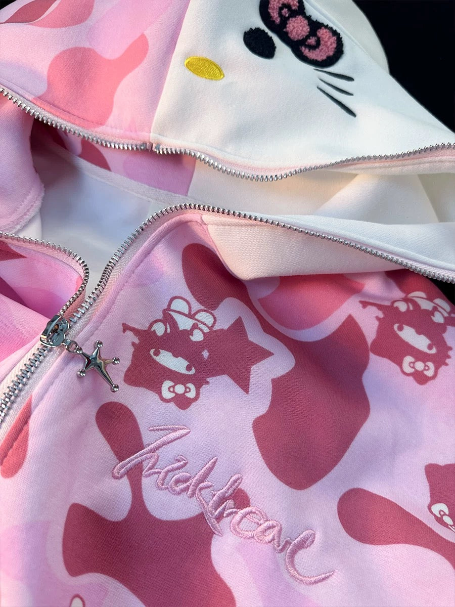 Hellokitty Camouflage Drawstring Zip Up Oversized Hoodies Jacket