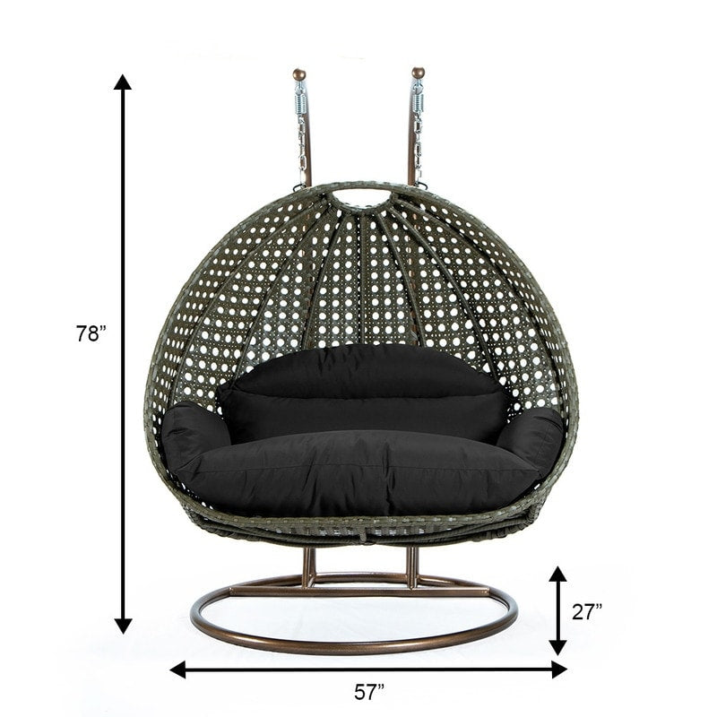 LeisureMod 2 Person Hanging Egg Chair with Stand - Outdoor/Indoor Rattan Wicker Patio Swing Hammock Lounger with Cushions