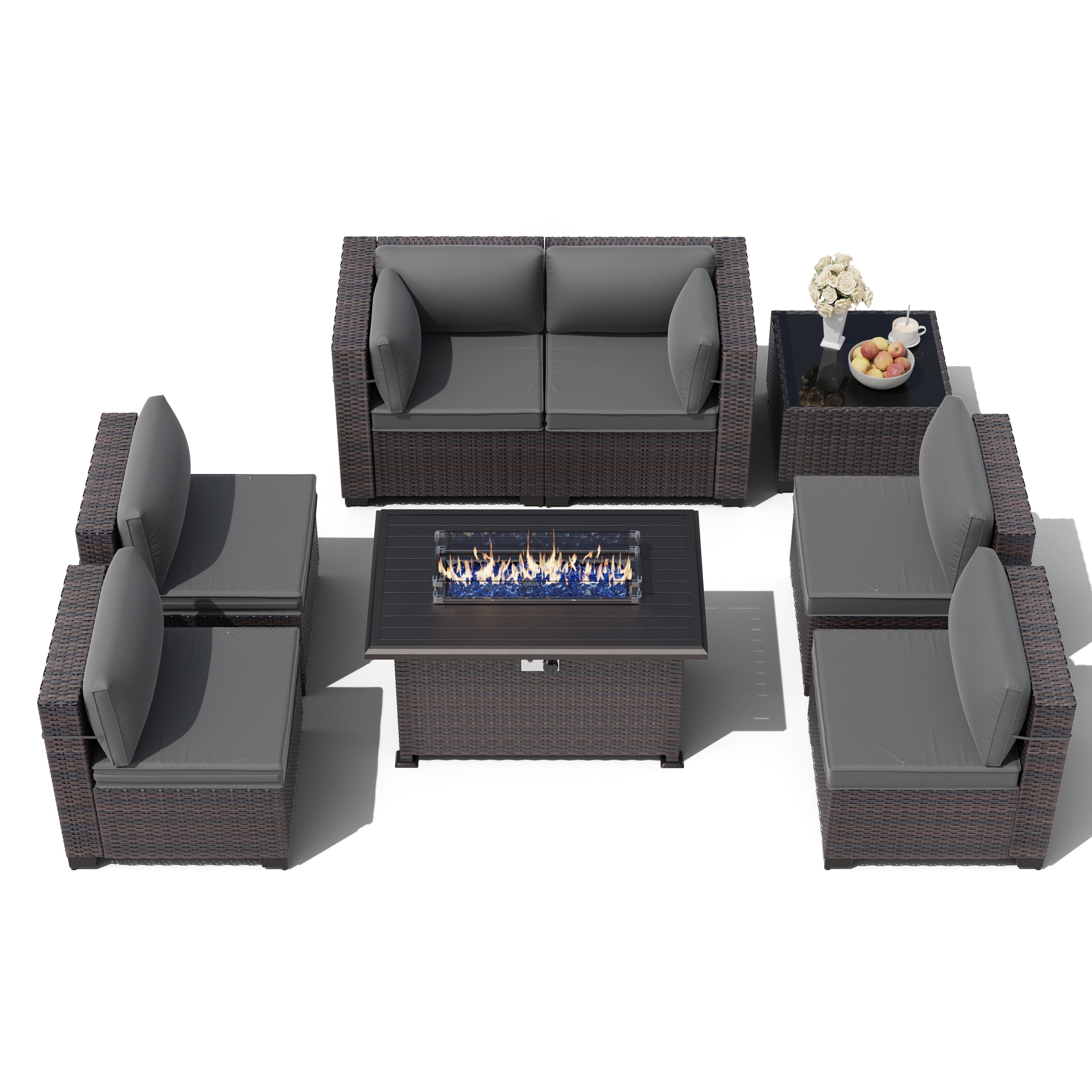 Outdoor Rattan Sectional Sofa Set, Patio Furniture Conversation Set with Fire Pit Table