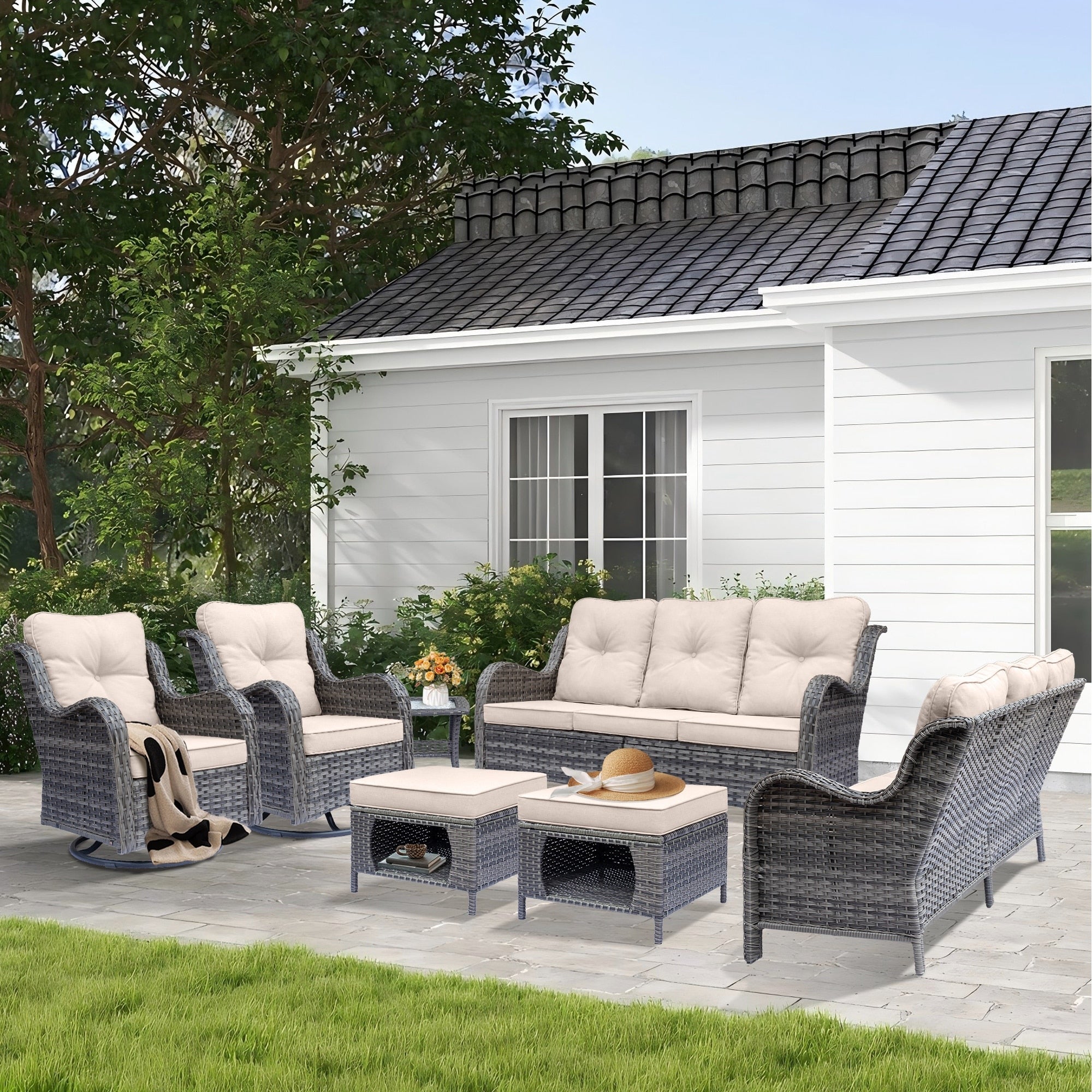 Outdoor Patio Furniture Set-Wicker Patio Conversation Swivel Chair Set