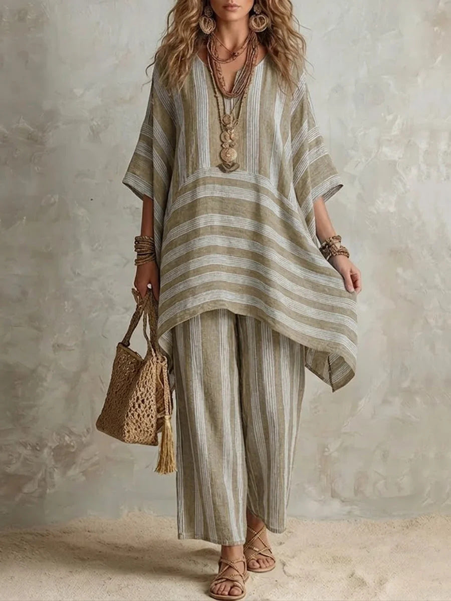 V-Neck Loose Striped Casual Two-Piece Suit
