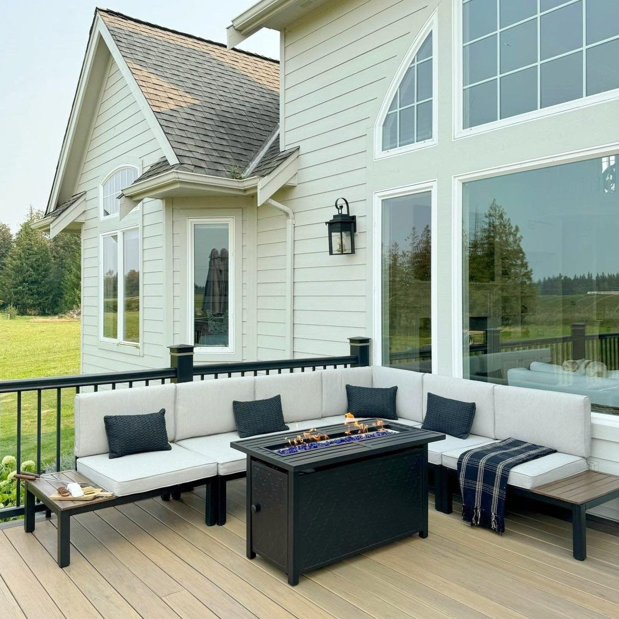 10-Seat Patio Sectional sofa set, E-coating Steel frame Conversation Sets with Built-in Side Table , Grey Cushion