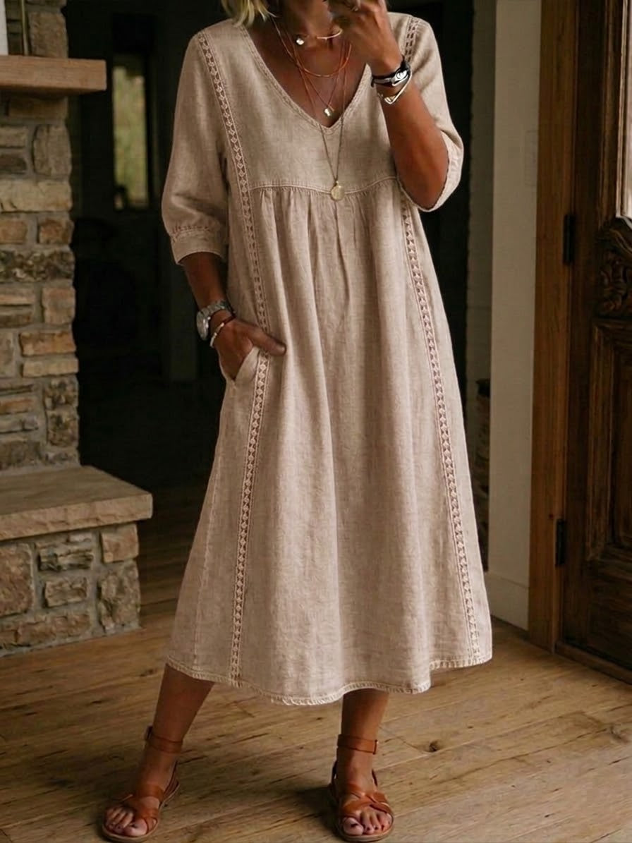 New Arrivals🔥Women's Casual Loose-fitting Patchwork Lace Trim Linen And Cotton Dress