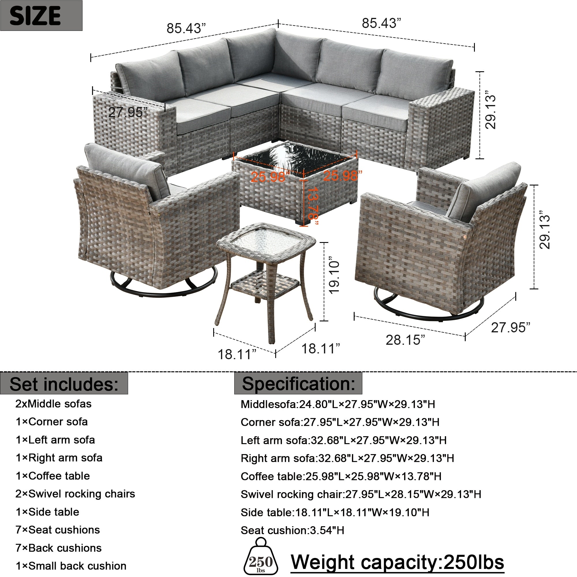 OVIOS 9-piece Patio Wicker Swivel Rocking Chair Set with Glass-Top Tables