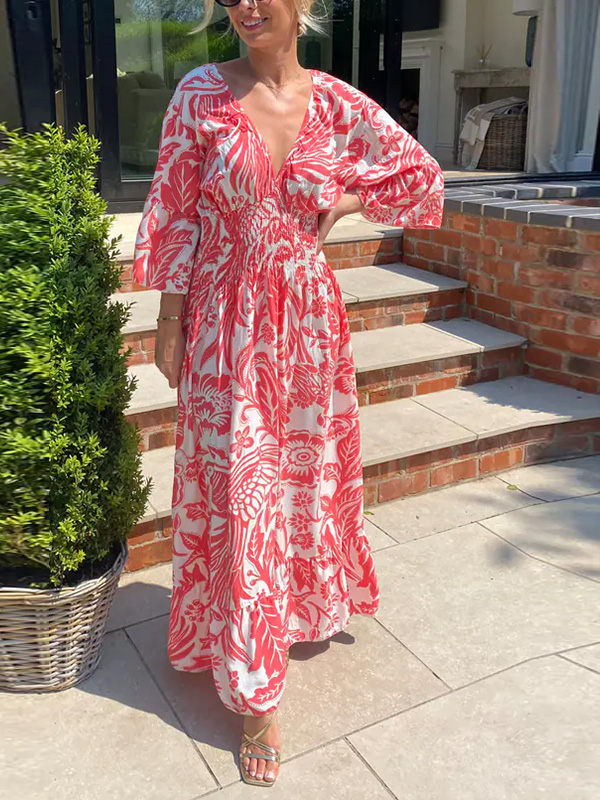 NEW🔥 V Neck Elastic Waist Printed Dress