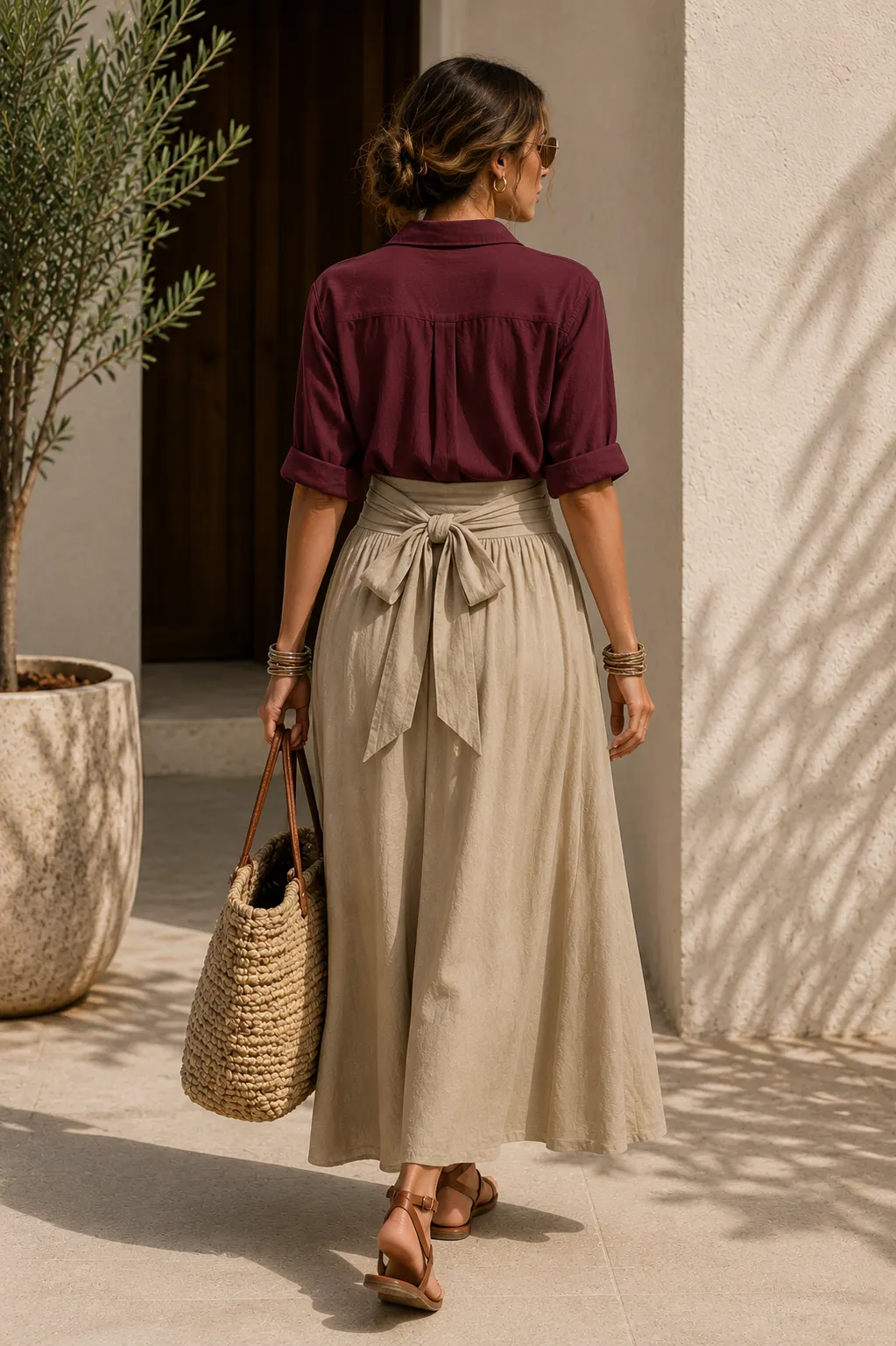 Casual Button-Up Shirt & Tie Waist Maxi Skirt Set