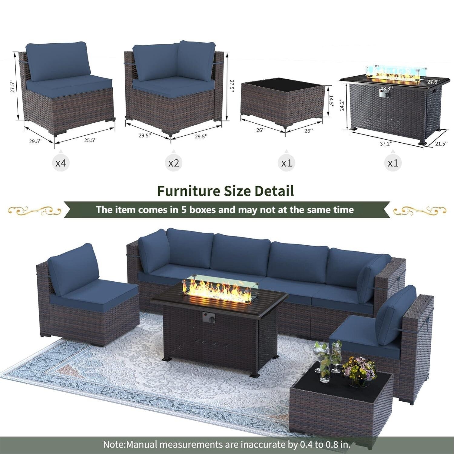Outdoor Rattan Sectional Sofa Set, Patio Furniture Conversation Set with Fire Pit Table