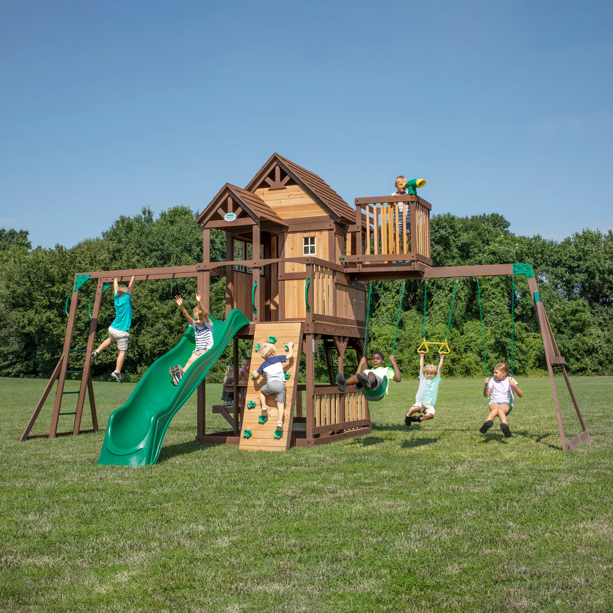 Skyfort II Cedar Wood Swing Set with Wave Slide, Clubhouse, Crow's Nest, and Monkey Bars