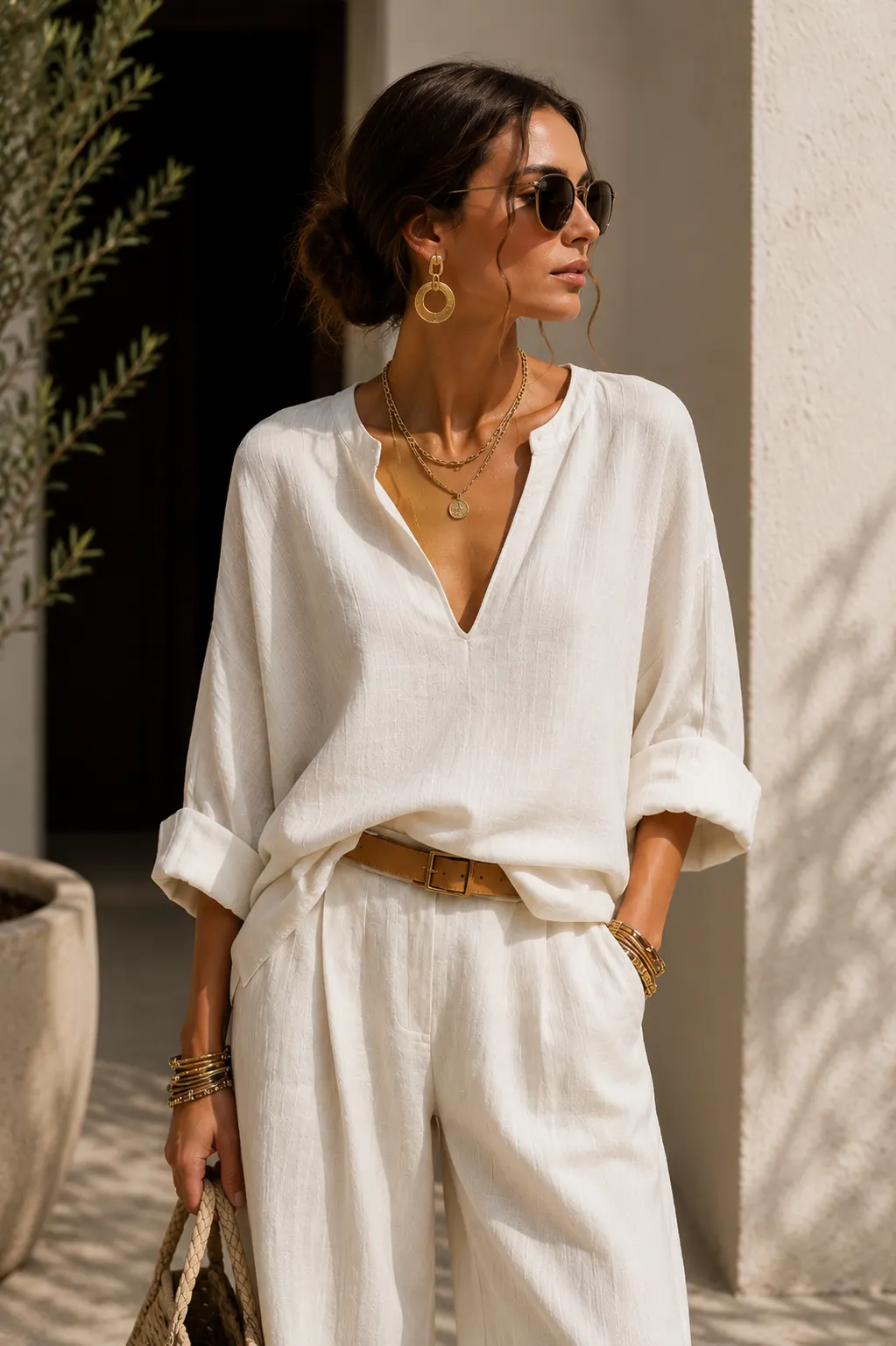 Relaxed V-Neck Blouse & Wide Leg Pants Set
