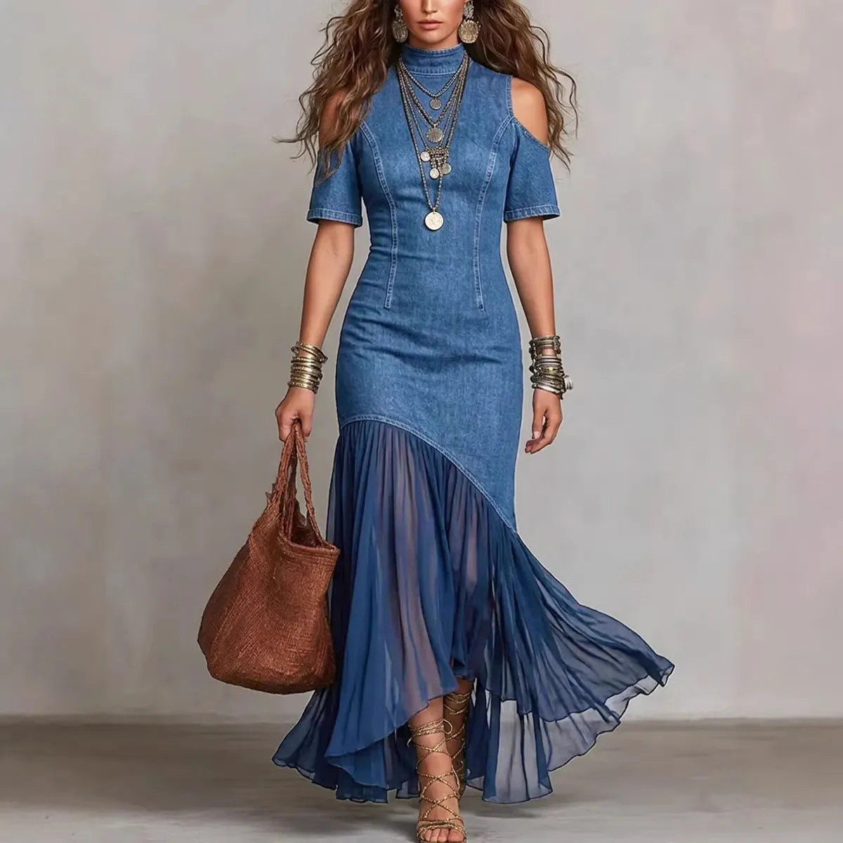 Off-Shoulder Mesh Hem Midi Dress – Slim Fit Short Sleeve Dress
