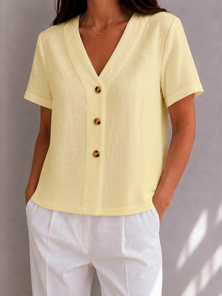 Button Detail V-Neck Linen Blend Blouse