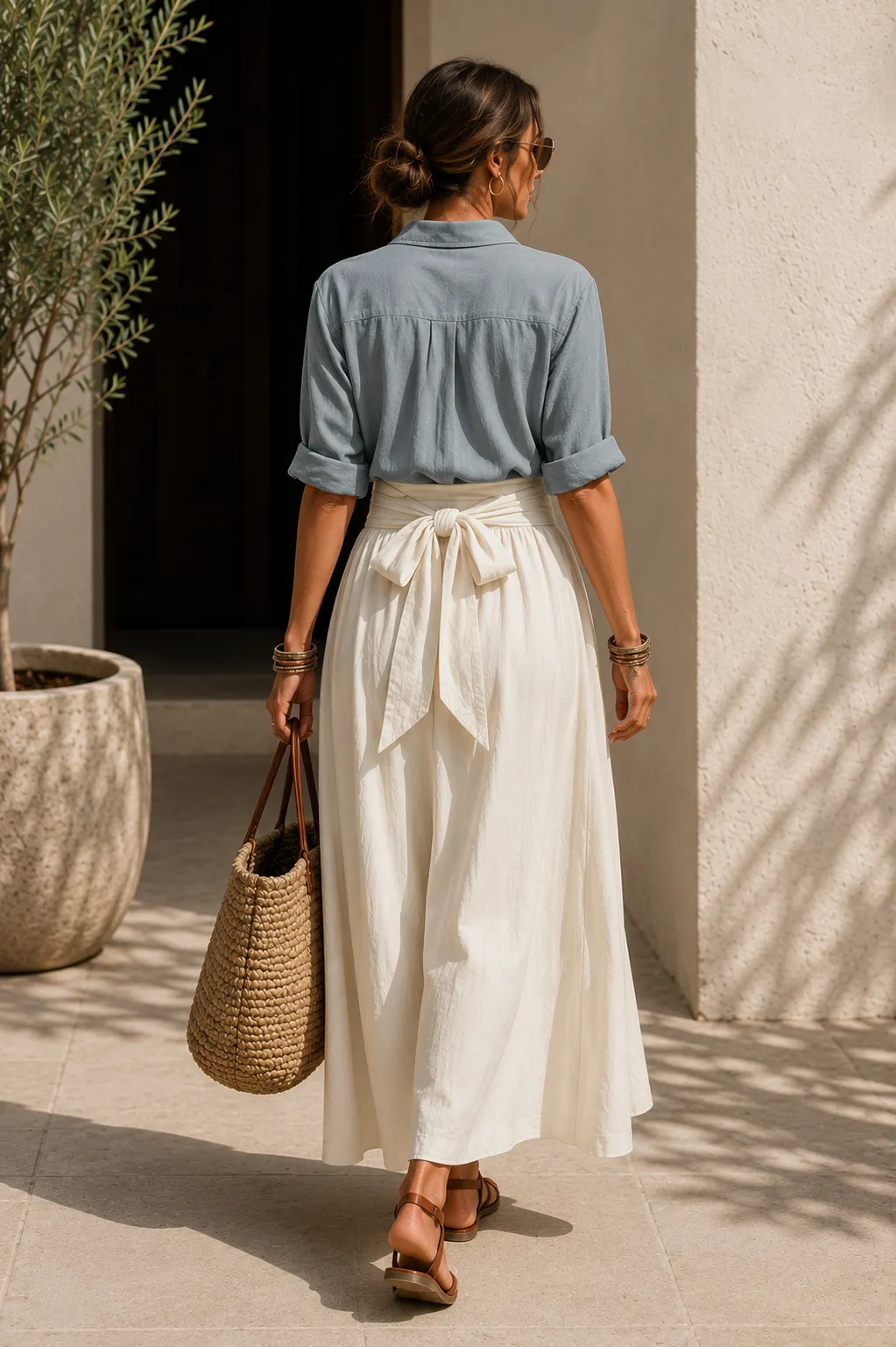 Casual Button-Up Shirt & Tie Waist Maxi Skirt Set