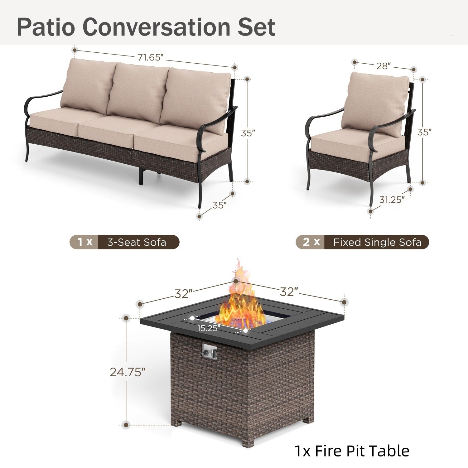 MAISON ARTS Oversized 6-Piece Outdoor Patio Set with Fire Pit - 3-Seater Sofa, 2-Seater Sofa, Swivel Chairs, Ottomans (Beige)