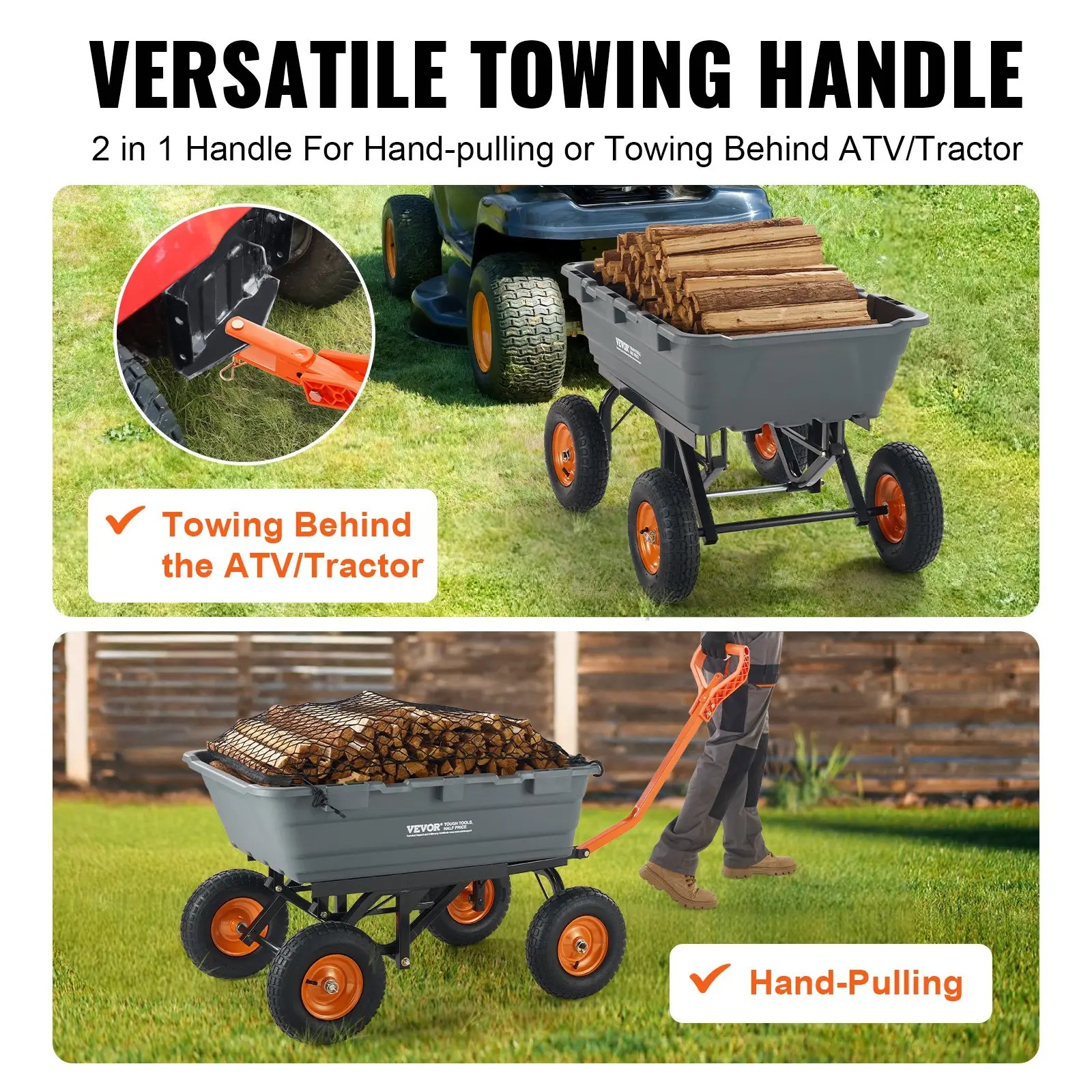 Poly Garden Dump Cart with Easy to Assemble Steel Frame, 2-in-1 Convertible Handle, 13 Inch Tires, Max Capacity 1500 lbs, Utility Wheelbarrow Productivity Yard