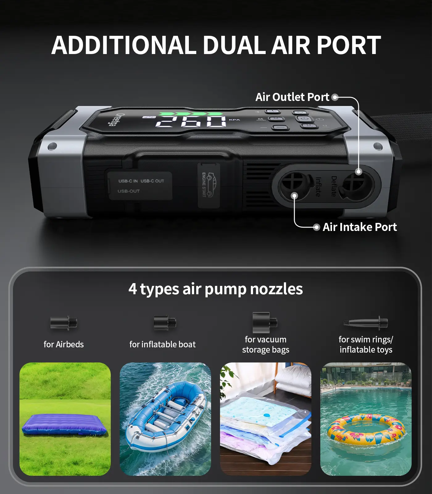 9000A 7-in-1 Portable Car Battery Jump Starter with Air Inflator and LCD Screen
