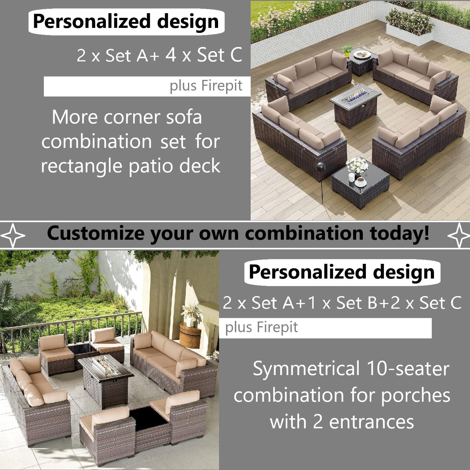 Outdoor Rattan Sectional Sofa Set, Patio Furniture Conversation Set with Fire Pit Table