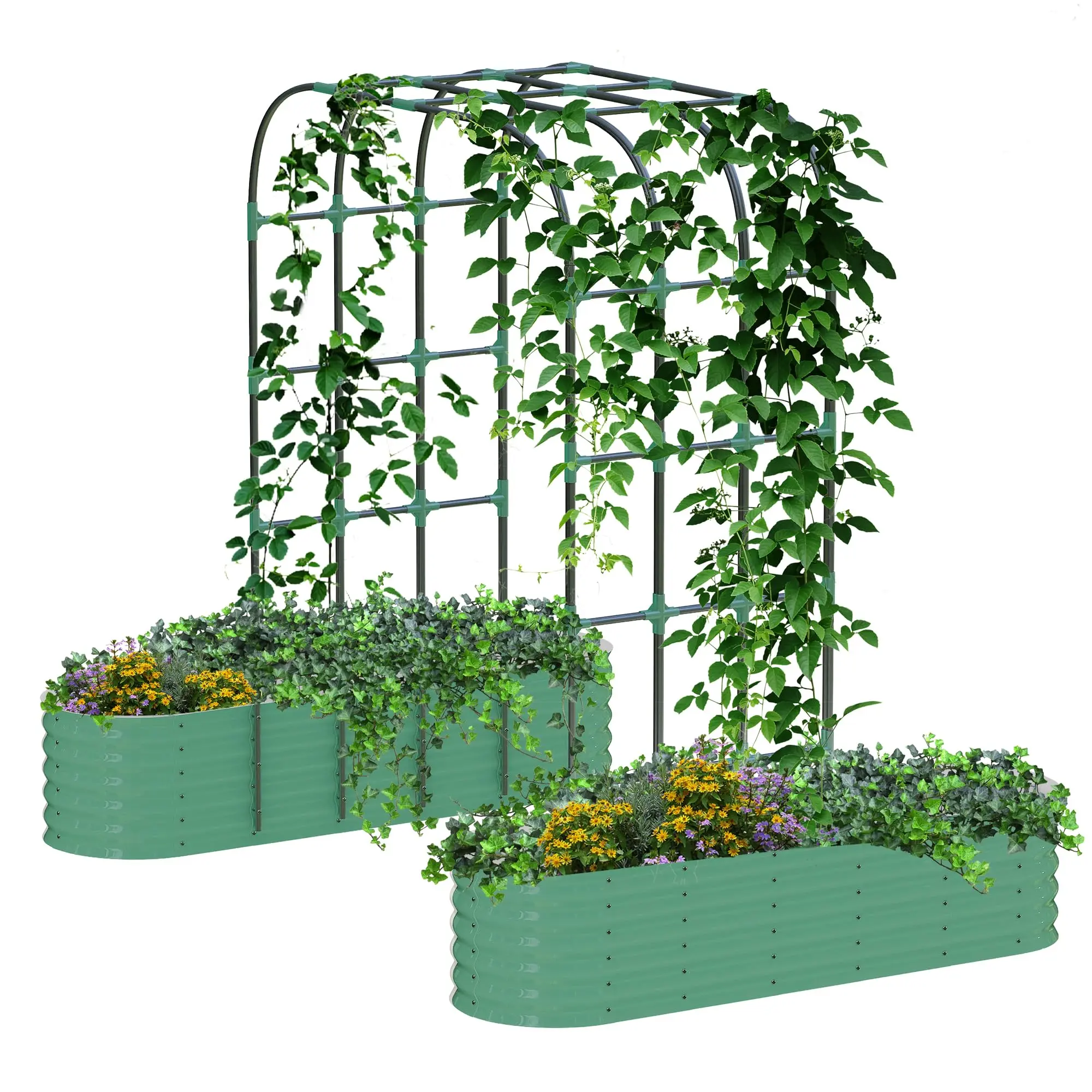 2Pcs Raised Garden Bed Set with Arch Trellis, 200x60x45cm Green Steel