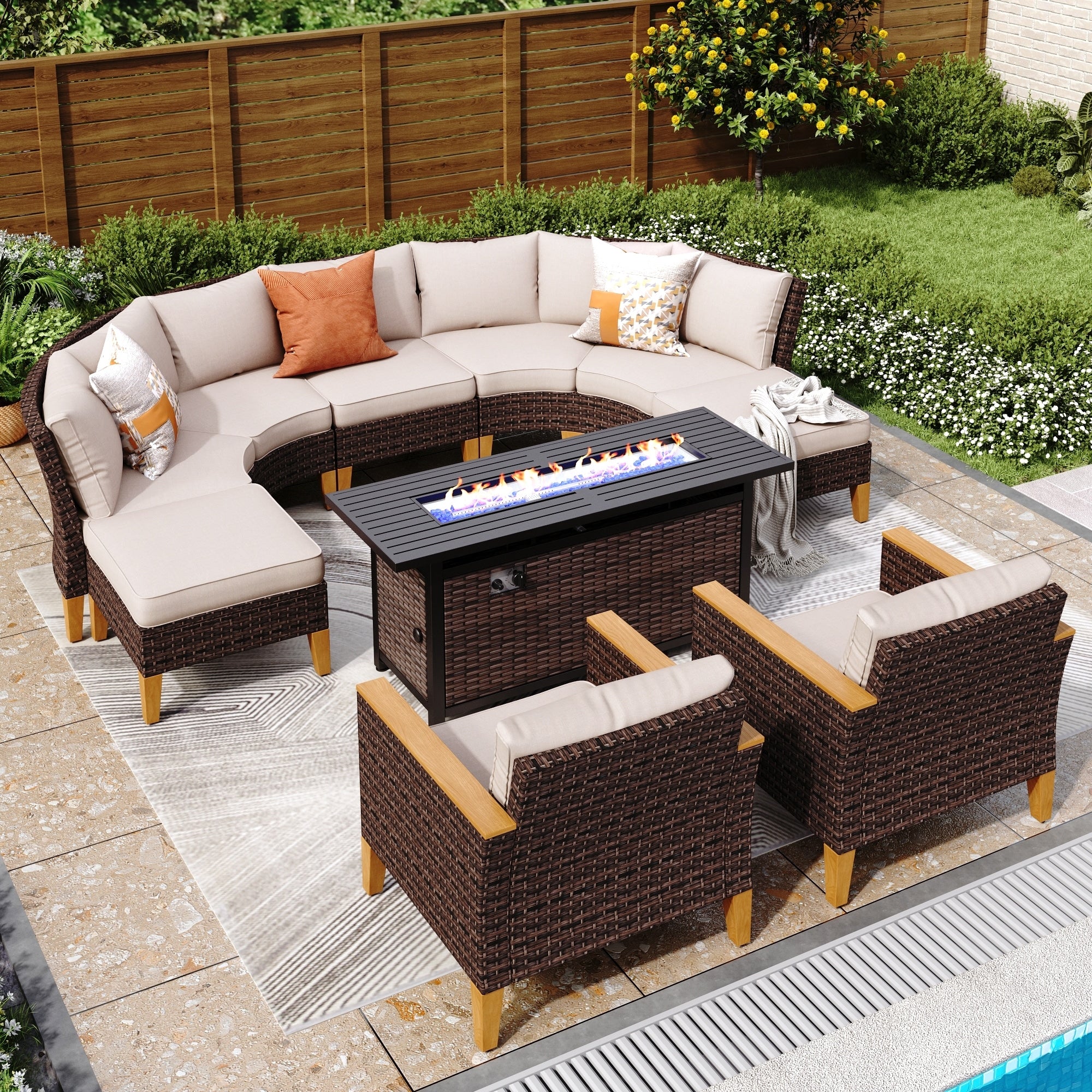 6-11 Piece Patio Outdoor Wicker Sectional Sofa Half-Moon Furniture Set Large Seating Conversation Sets with Fire Pit Table