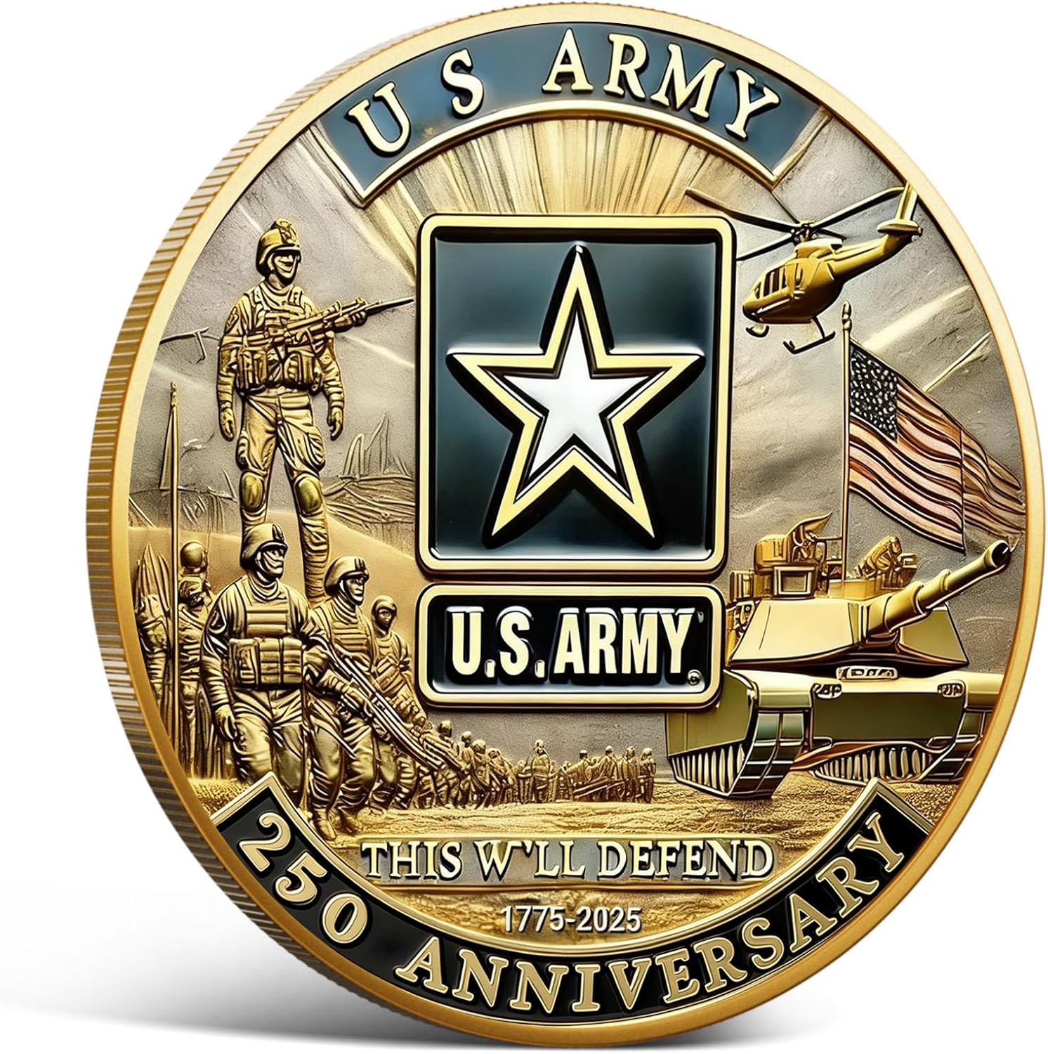 250th Anniversary U.S. Army Commemorative Coin Double-Sided High Relief Design 1775-2025 Military Collector Coin Veteran Gift Patriotic Metal Challenge Coin (Army)