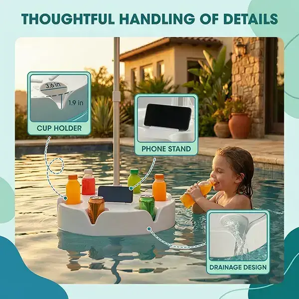 Portable Floating Pool Bar Table with Sun Umbrella, Built-in Cup Holders & Phone Stand, Stable Base with Carry Bag for Pool, Lake, Beach Summer Parties