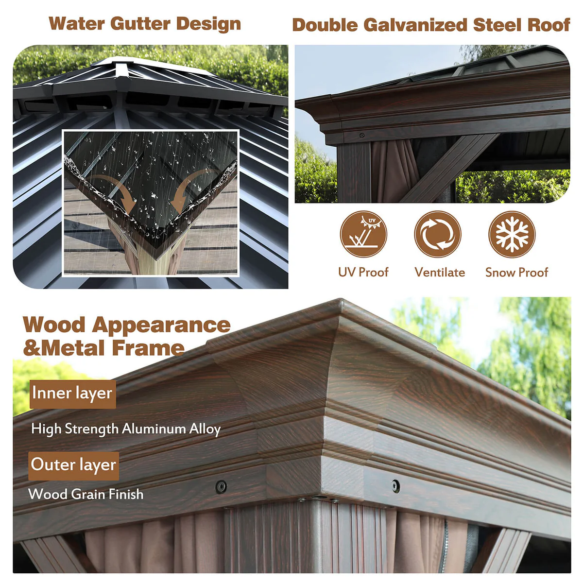 12-ft x 10-ft Wood Grain Appearance Hardtop Brown Gazebo with Hardtop Roof (Screen Included)