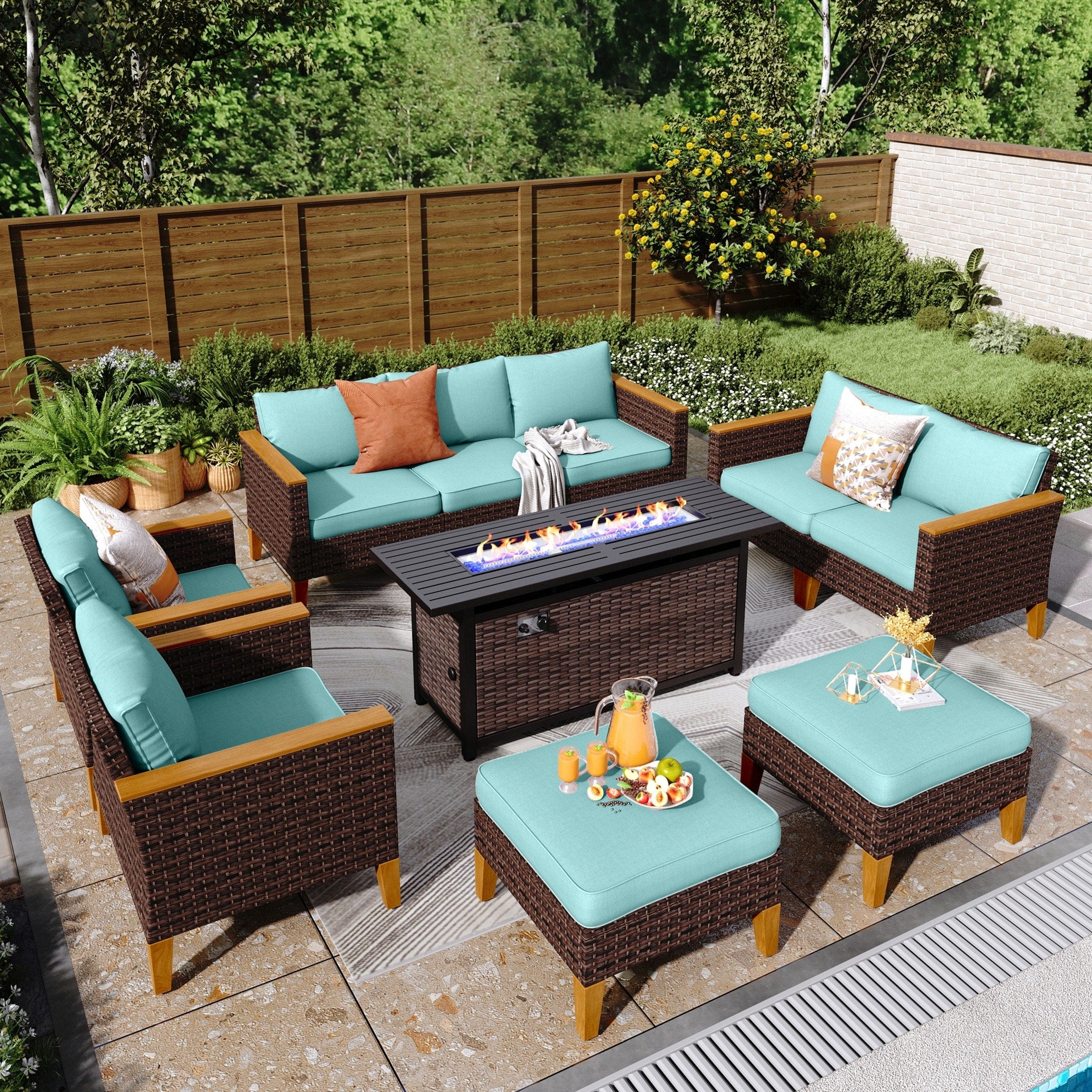 8-Piece Patio Outdoor Wicker Sectional Sofa Set, Large Seating Furniture Conversation Sets with Fire Pit Table