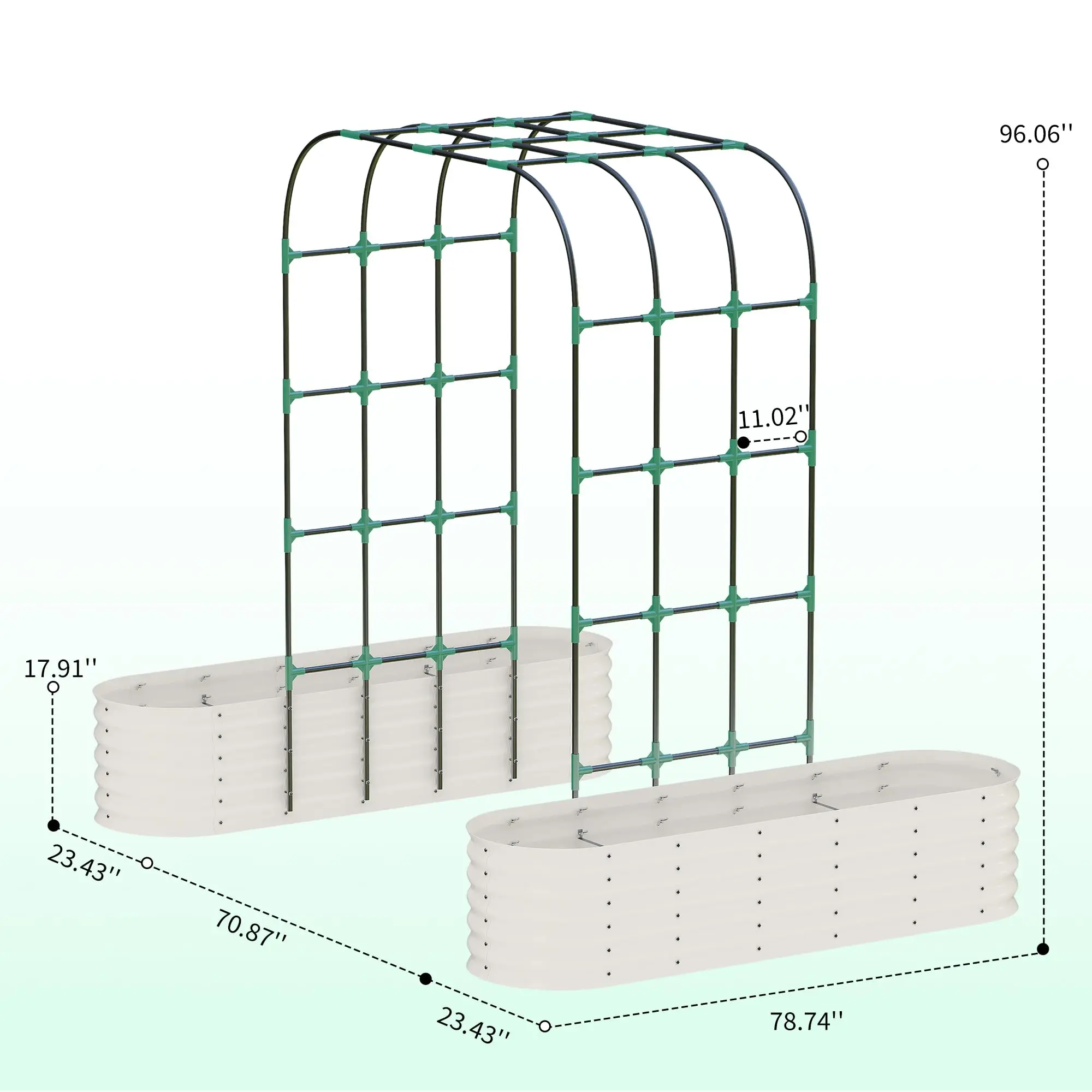 2Pcs Raised Garden Bed Set with Arch Trellis, 200x60x45cm Green Steel