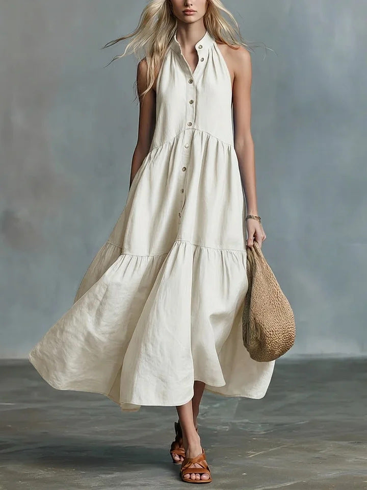Sleeveless Casual Loose Linen Button Vest Dress