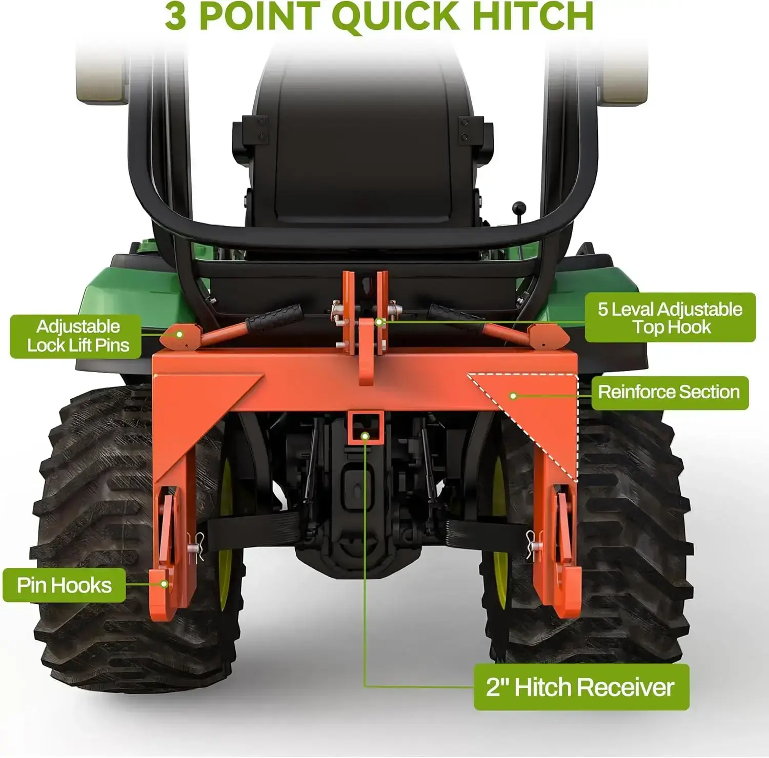 Category 1 3-point quick hitch; 3,000 lb heavy-duty 3-point tractor hitch (with 2-inch receiver); features 5-position adjustable bolts.