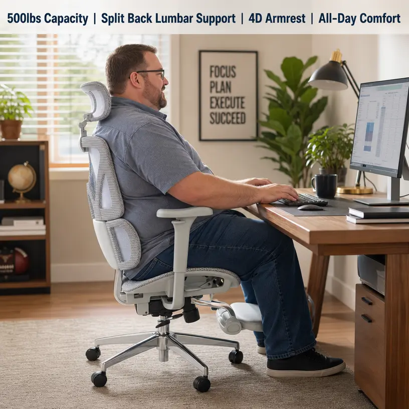 High Back Ergonomic Executive Office Chair - 6D Adjustable Armrests, High-Elasticity Mesh Back, 3-Zone Lumbar Support, Thick Cushion Seat, Adjustable Seat, Modern Grey, Assembly Required, Mesh Fabric, Footrest Included, Boosts Circulation