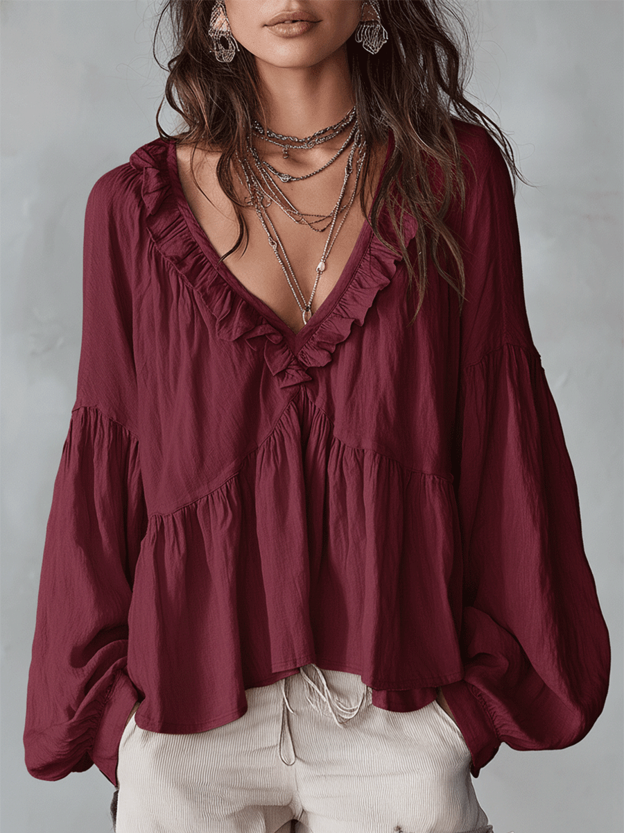 Ruffle Trim V-Neck Peasant Blouse