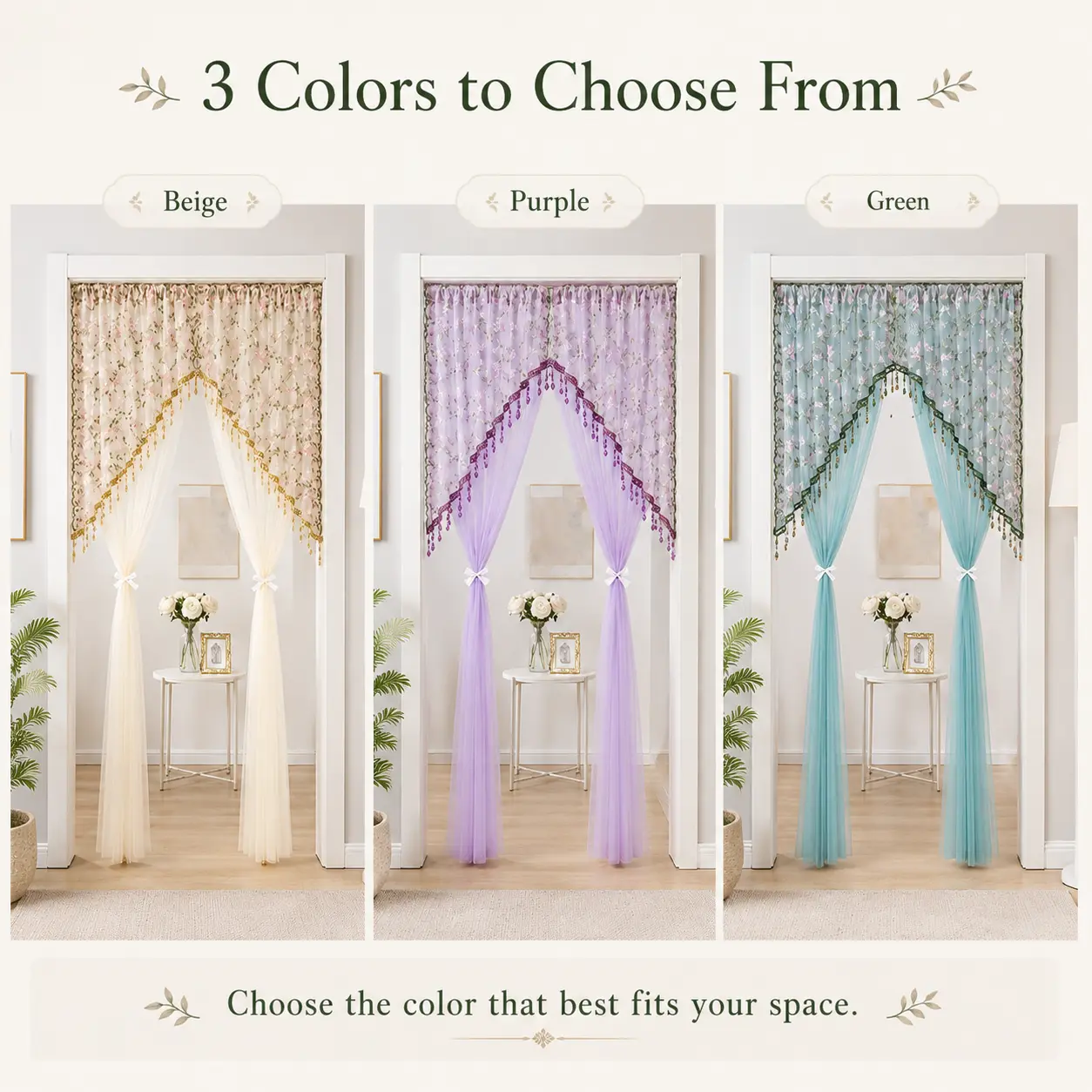 Sheer Floral Door Curtain with Tassel Trim