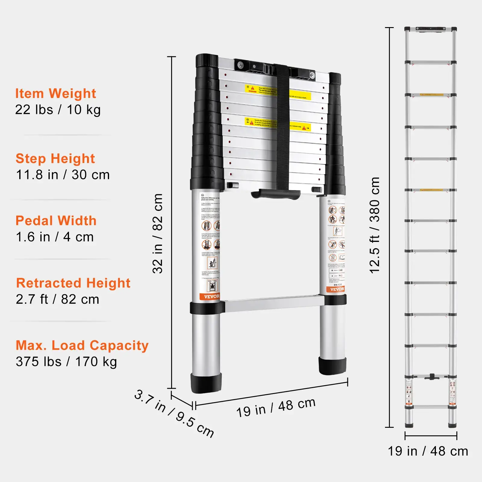 12.5 ft Aluminum Telescoping Ladder, One-Button Retraction Collapsible Extension Ladder, Non-Slip Feet, ANSI Certified Portable Multi-Purpose Compact Ladder for Home, RV & Loft