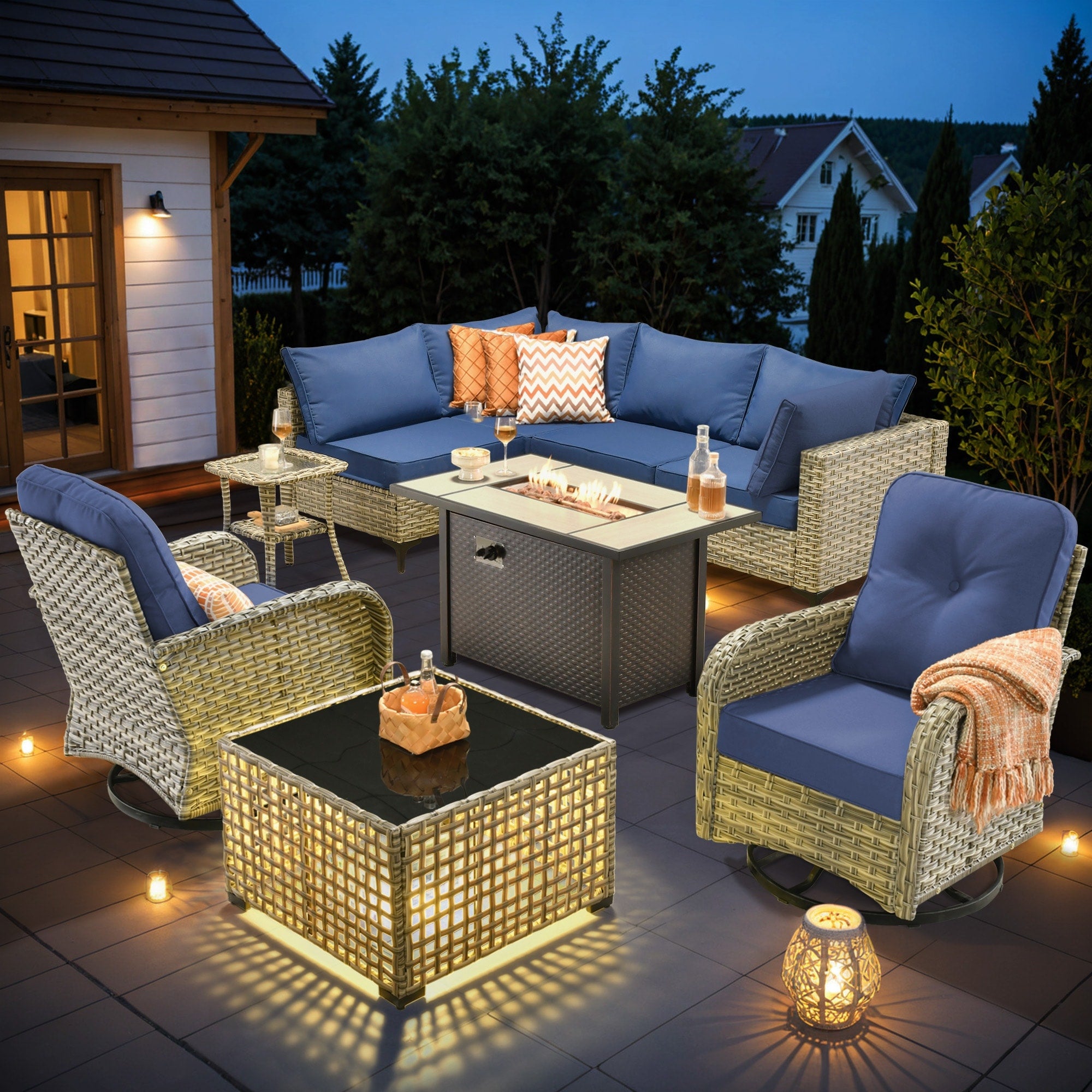 OVIOS 9 Pieces Outdoor Wicker Swivel Chair Set With Fire Table