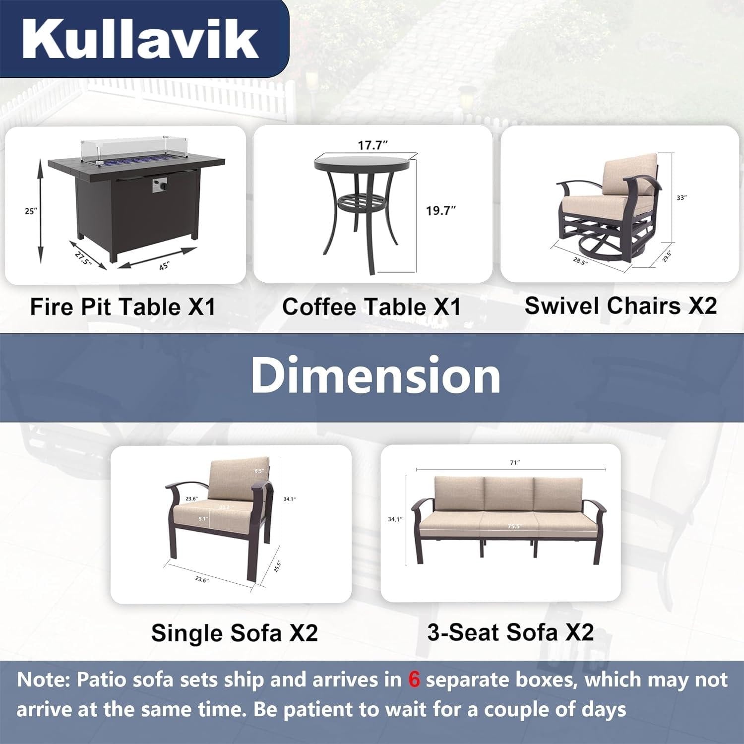 Kullavik Aluminum Outdoor Patio Furniture with Curved Armrests & Firepit Table