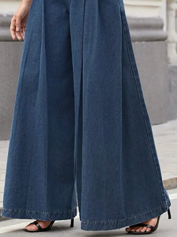 Loose Wide Leg Pleated Pockets Solid Color Jean Pants Bottoms Trousers